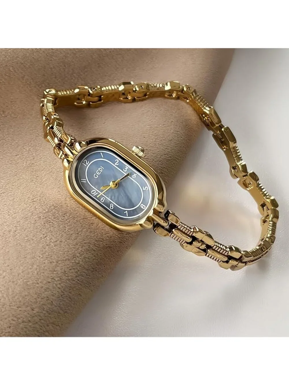 Women's Blue Oval Vintage Bracelet Small Quartz Dress Bangle Analog Wrist Watch